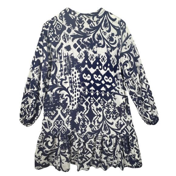 Zara Printed Tunic Mini Dress Blue White L Bohemian Peasant Long Sleeve Flowy - Picture 4 of 6